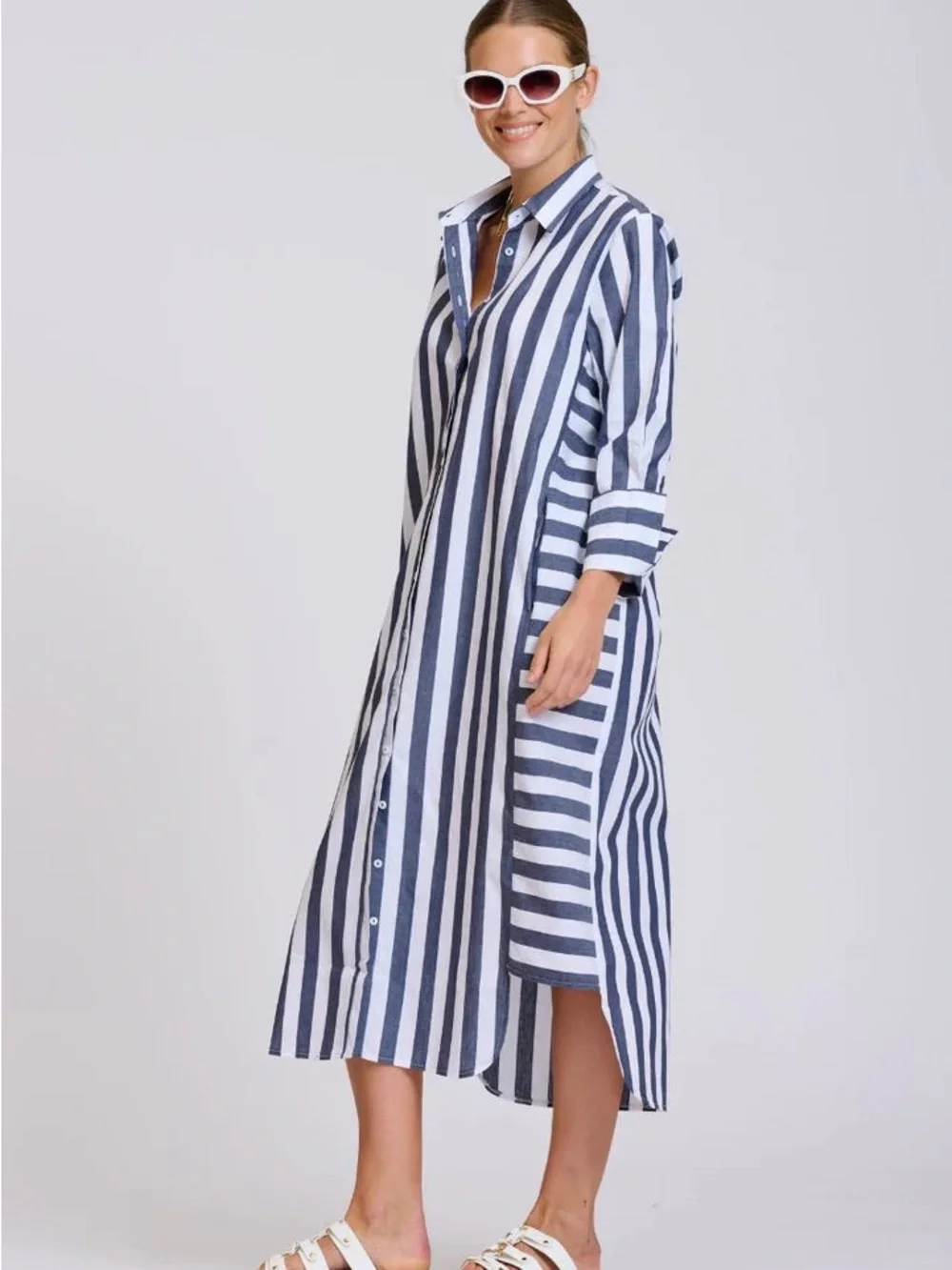 Shirty Luxury Brand Striped Midi Shirt Dress - Black & White - Sz S - NWT - Picture 4 of 12